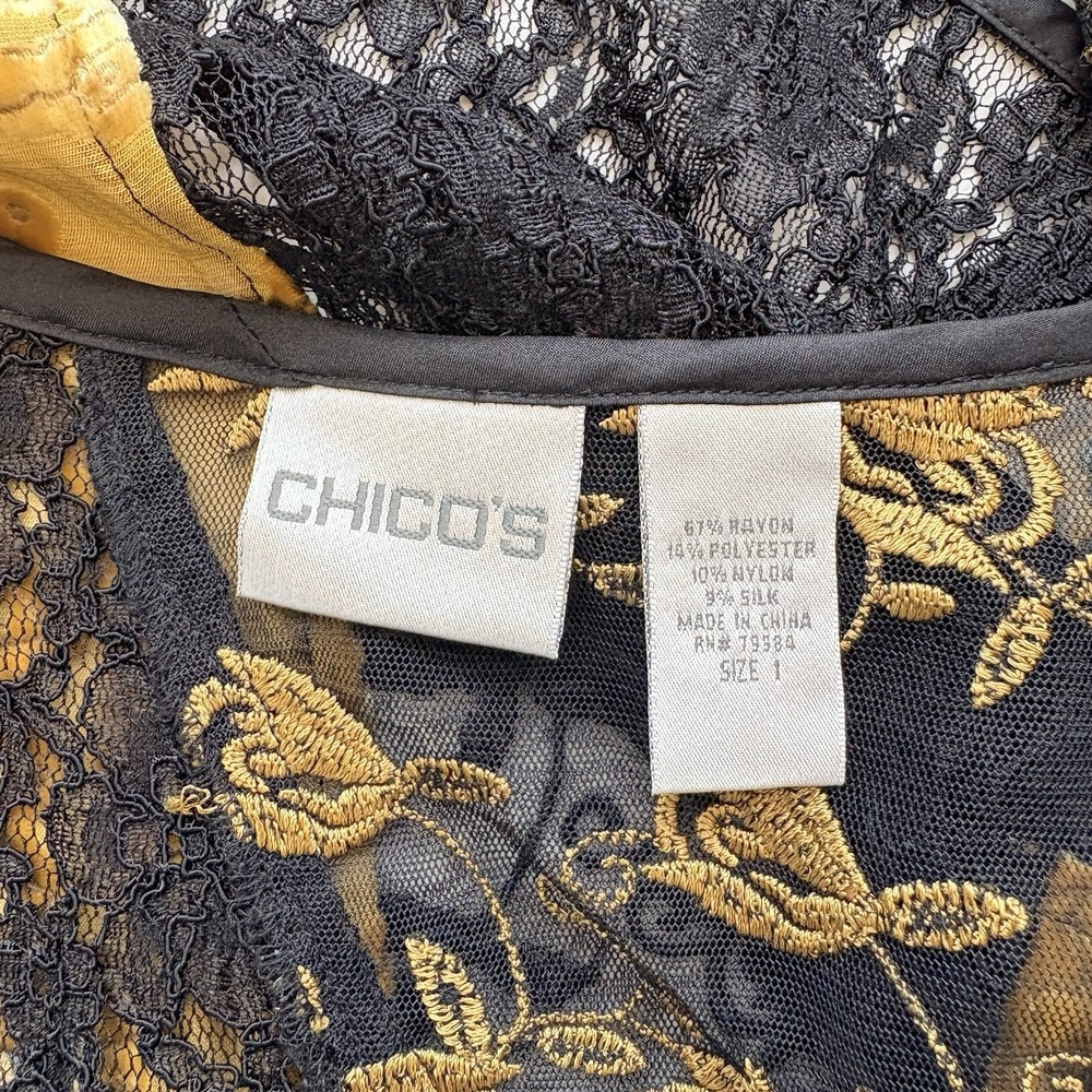 Chicos Top Size 1 Top Animal Print Silk Blend Patchwork Lace Boho Chic - Picture 4 of 8